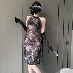 新中式 性感复古镂空露背睡裙连衣裙女 性感透视高开叉绑带旗袍薄款