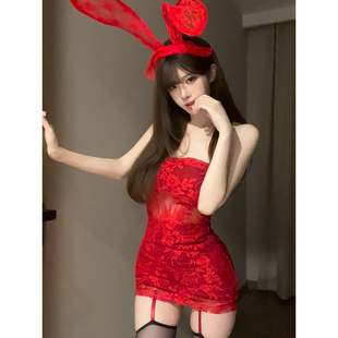 辣妹高级感红色蕾丝抹胸包臀裙短款性感纯欲风修身显瘦诱惑包臀裙