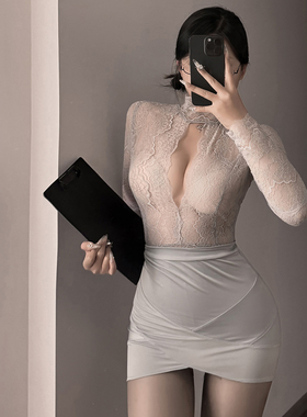 纯欲性感辣妹夜店OL秘书制服套装诱惑蕾丝缕空上衣紧身包臀短裙