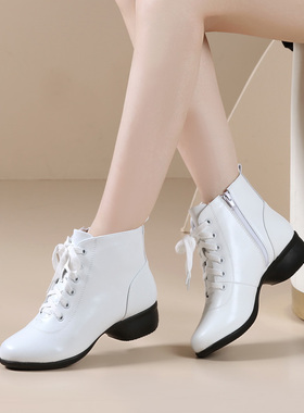 冬季保暖白色加绒舞蹈鞋女中跟广场舞鞋软底中老年跳舞鞋侧拉链