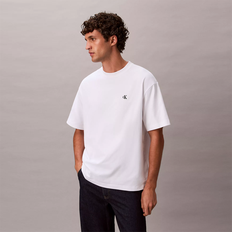 Calvin Klein/CK男士简约刺绣小标通勤舒适纯棉宽松圆领短袖T恤夏