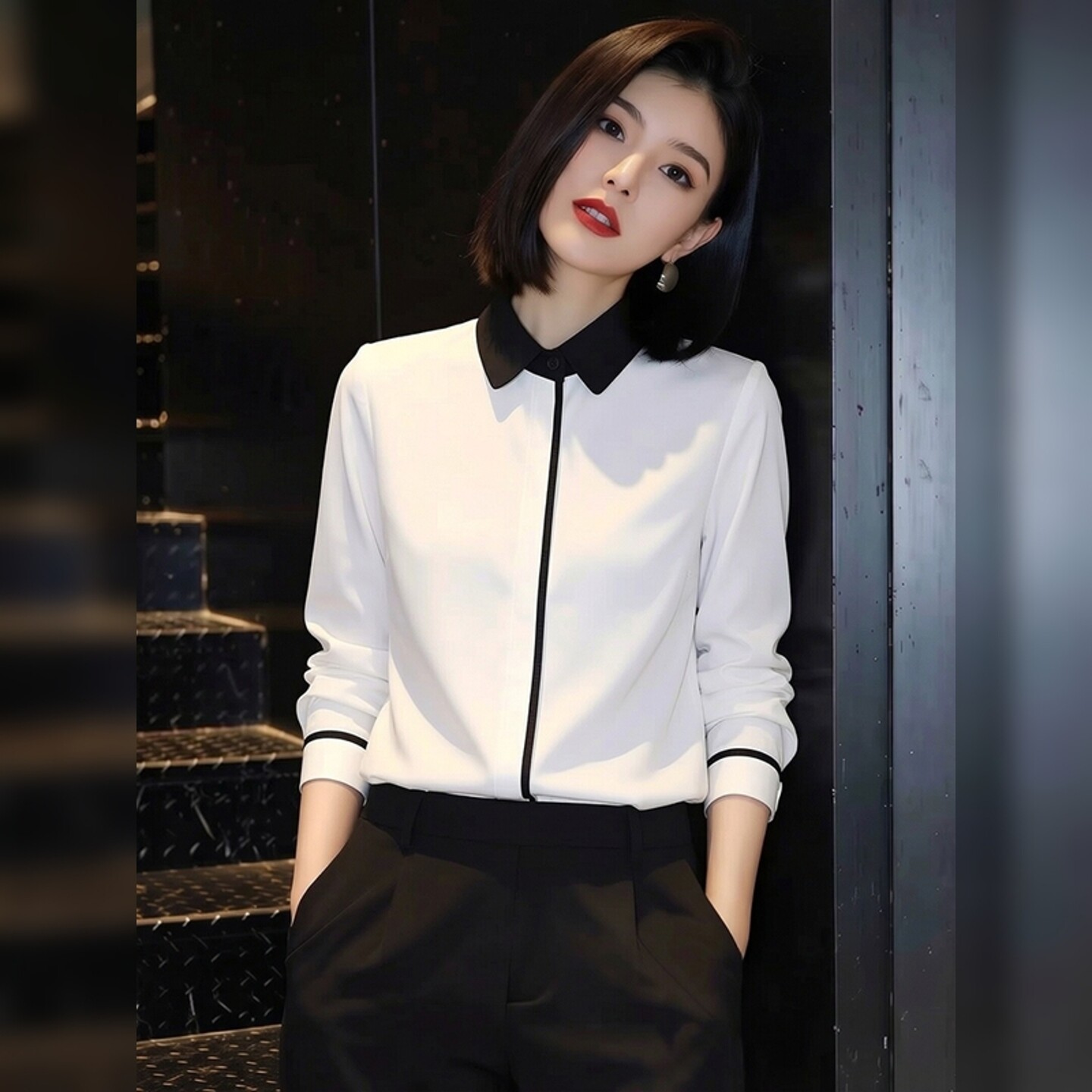 法式高知小资通勤风白色撞边翻领衬衫女春新款冷淡系特别气质上衣