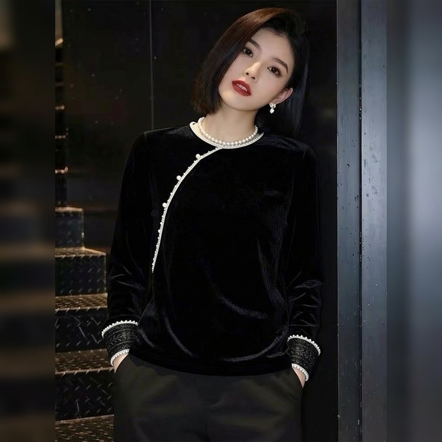 高级感轻奢黑色新中式国风钉珠斜门襟丝绒衬衫女春季新款别致上衣,女装/女士精品,汉服上装,淘宝优惠券,粉丝福利购,淘宝优惠卷