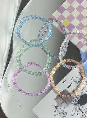 满五送一 原创DIY彩色磨砂透明夏日汽水叠戴串珠细款ins手链