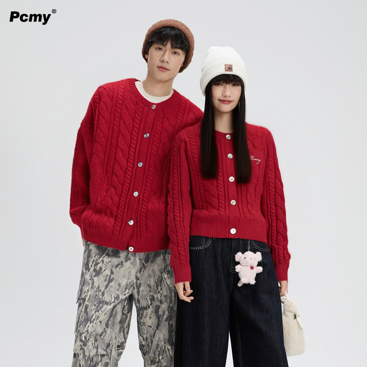 PCMY美式复古麻花针织开衫2026马年本命年衣服情侣装红色毛衣外套