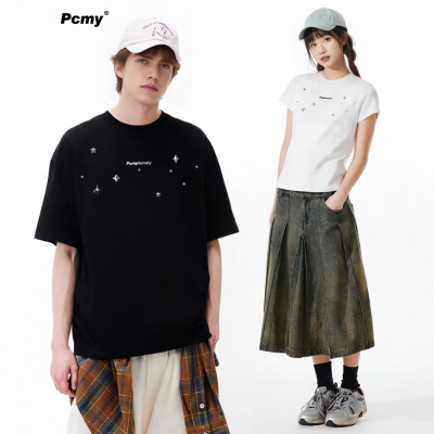 PCMY潮牌星星印花短袖T恤女2026夏季新款圆领百搭上衣宽松情侣装