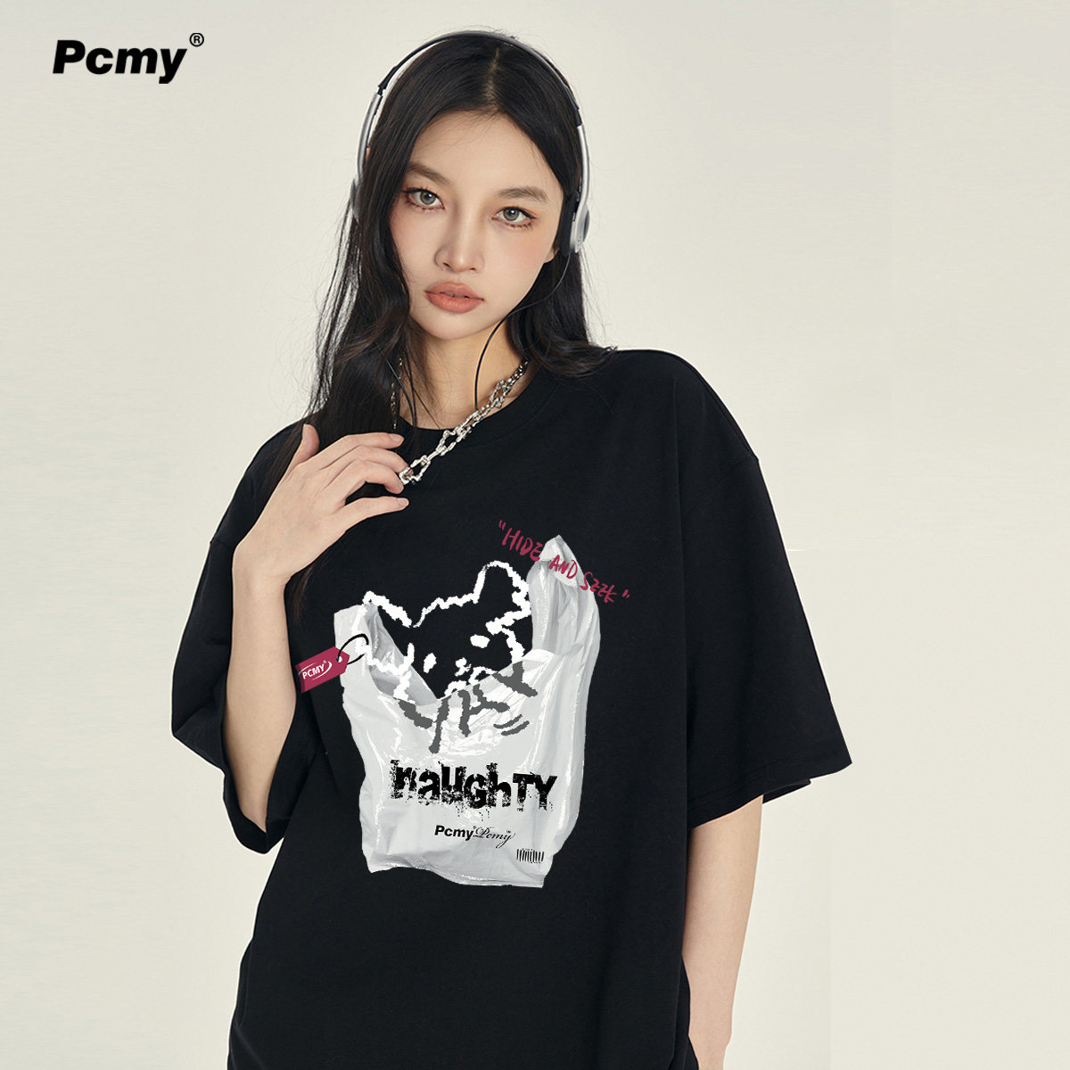PCMY袋子小狗潮牌短袖t恤男2026新款夏季情侣装宽松美式重磅上衣