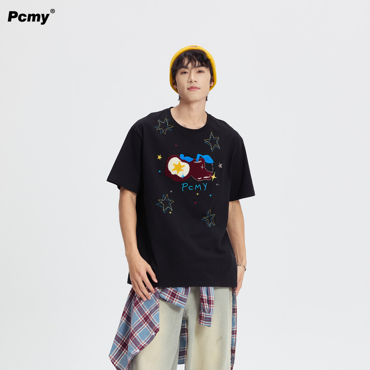PCMY彩线星星苹果毛巾刺绣t恤2026新款情侣装夏季重磅短袖上衣服