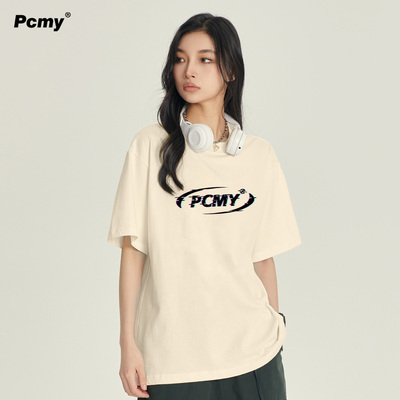 PCMY潮牌夏季短袖2026新款宽松短袖设计感体恤正肩纯棉情侣装T恤