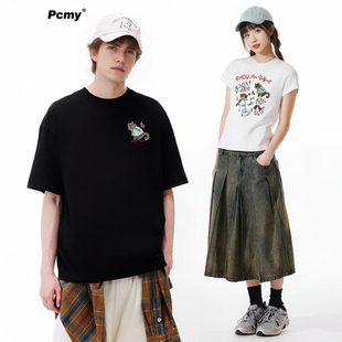 宽松半袖 PCMY潮牌快乐小狗印花短袖 圆领情侣装 新款 男 T恤2026夏季