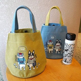 24年新款出口日本可爱猫咪加厚帆布手提包圆筒饭盒袋可变形便当包