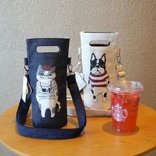 出口日本加厚老帆布可爱猫咪可斜挎水杯袋调节肩带保温学生水壶包