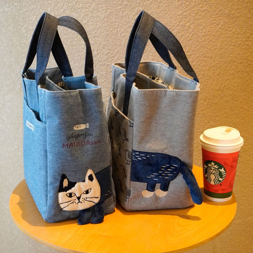 日本正品kusuguru卡通猫咪学生便携补习袋简约手提包刺绣布艺托特