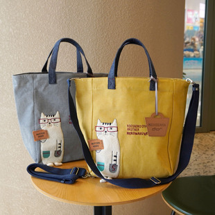 实用2way包百搭通勤日单刺绣帆布托特包A4手提斜挎包大号文艺