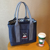 多隔层日杂同款 刺绣猫咪牛仔托特包女手提包大容量通勤包出口正品