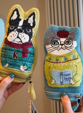 日本Kusuguru刺绣猫咪化妆包拉链收纳包可爱杂物包异形包立体笔袋