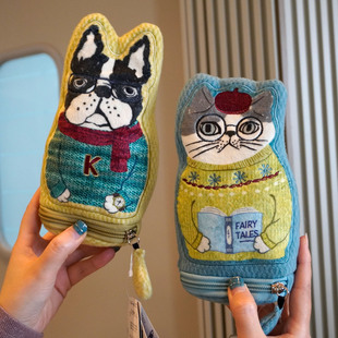 日本Kusuguru刺绣猫咪化妆包拉链收纳包可爱杂物包异形包立体笔袋