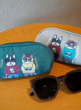 25年秋冬新款眼镜盒 刺绣细节猫咪法斗眼镜收纳包绿色小巧手拿包