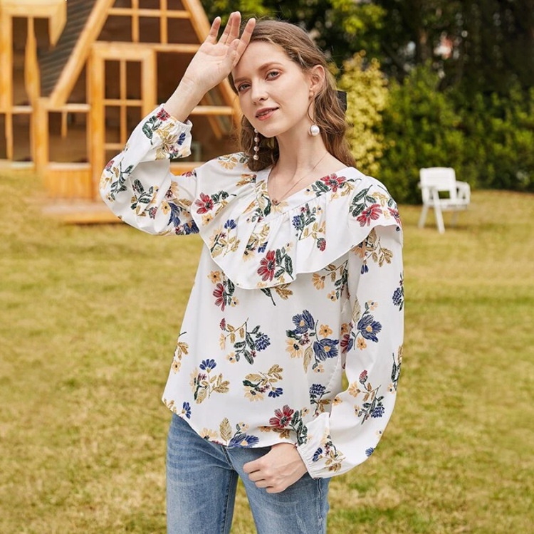 2021 women&#39;s V-neck printed puff sleeve ruffled shirt w|msdalam kategori Butik wanita / wanita, shirt - dari Buy2taobao.com untuk memberikan perkhidmatan ejen Taobao profesional membeli