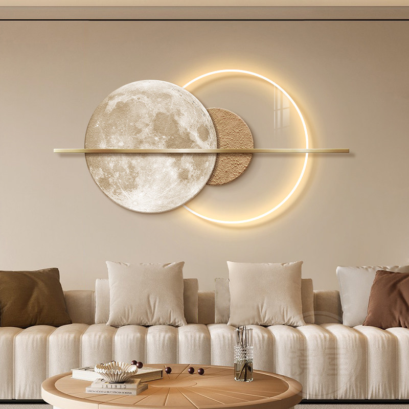 奶油风极简客厅装饰画立体砂岩壁灯高级感现代简约沙发背景墙挂画