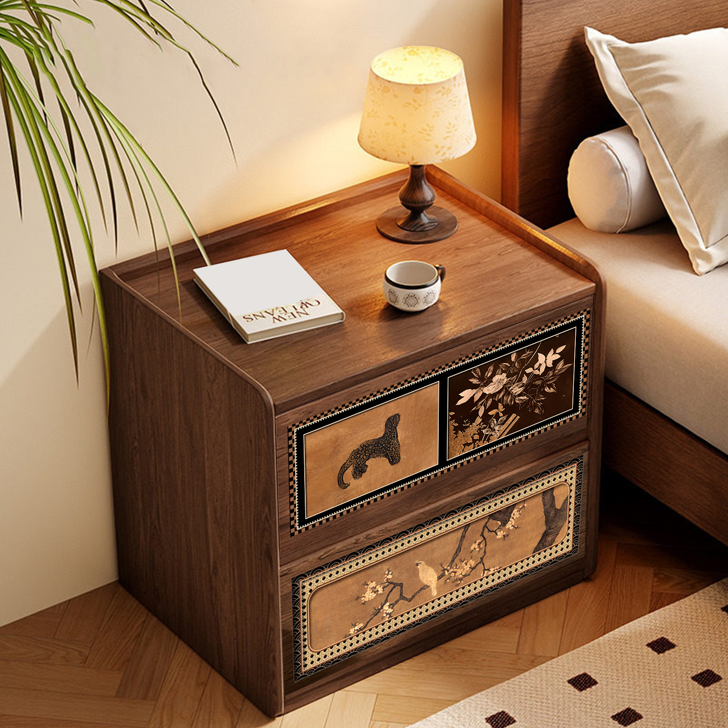 中古风全实木床头柜轻奢高级感桃木色家用卧室收纳柜迷你沙发边柜