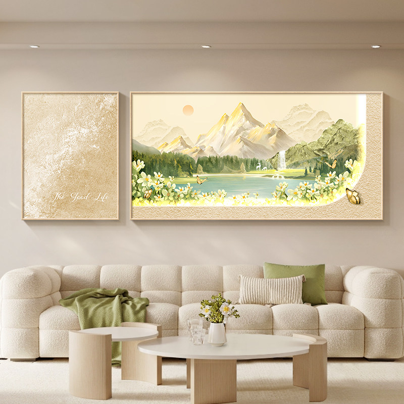 日照金山客厅装饰画原木风山水沙发背景墙挂画奶油高级感风景壁画