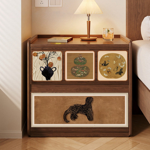 中古风全实木床头柜家用卧室轻奢高级感黑色沙发边柜创意床边收纳