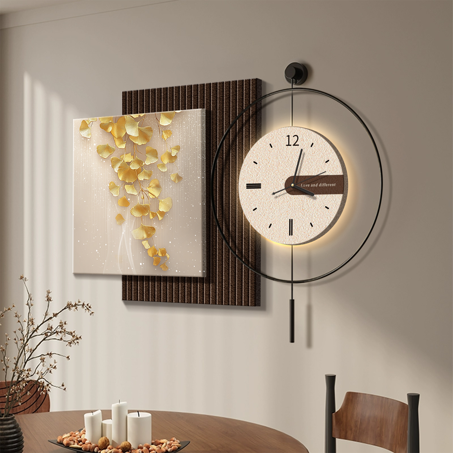 轻奢高级感餐厅装饰画挂钟银杏叶