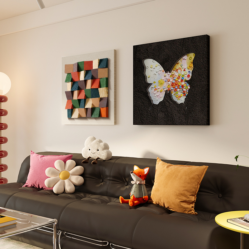 多巴胺实木客厅沙发背景墙装饰画高级感立体餐厅饭桌挂画玄关壁画