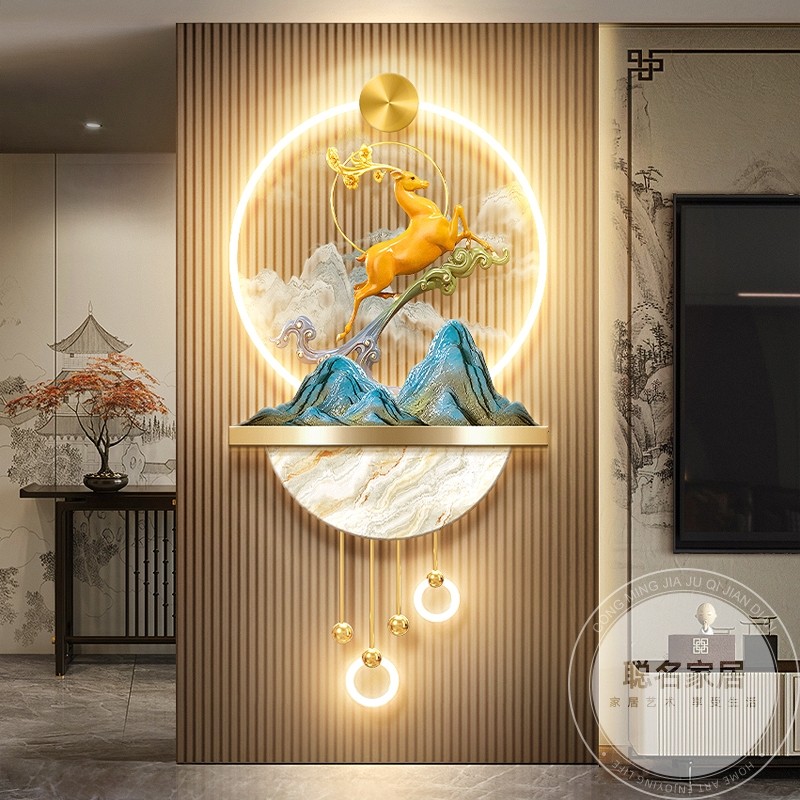 一鹿发财客厅电视机格栅装饰挂件新中式山水玄关背景墙立体壁画灯图片