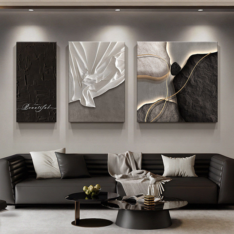 现代轻奢高级感客厅装饰画石来运转沙发背景墙挂画三联画抽象壁画