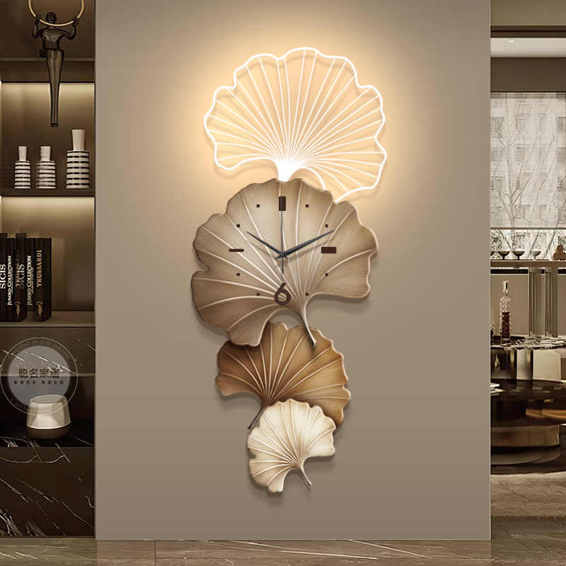 高级感玄关装饰画带钟表银杏叶