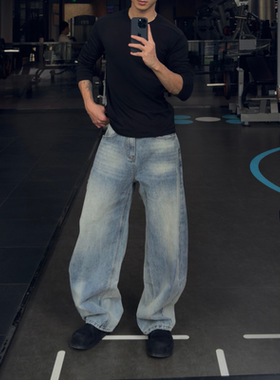 Satrt美式潮牌水洗牛仔裤直筒阔腿宽松百搭浅色长裤拖地裤