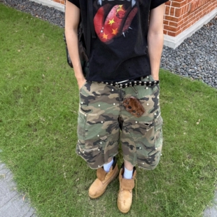 Start美式复古破洞珍珠迷彩牛仔七分裤男夏季宽松阔腿工装中裤子