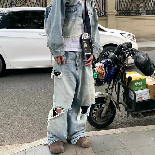 美式高街复古水洗破洞牛仔裤