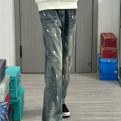 美式街头泼墨涂鸦牛仔裤男宽松