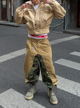 Satrt美式街头迷彩拼接设计感工装牛仔裤男复古宽松阔腿直筒裤子