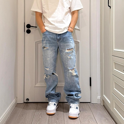 街头复古破洞设计感泼墨牛仔裤