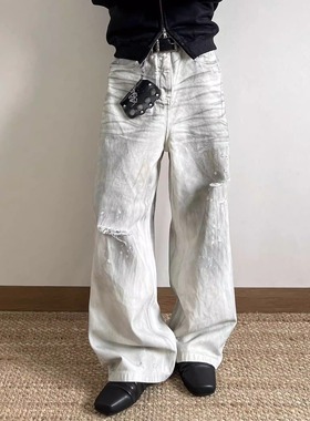 Start美式小众刀割破坏做脏白色弯刀牛仔裤男cleanfit直筒阔腿裤