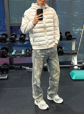 Satrt美式高街复古泼墨彩虹色涂鸦设计感牛仔裤男休闲直筒长裤