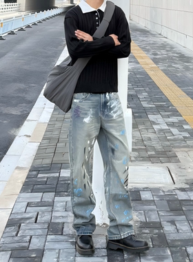 Satrt美式高街复古泼墨彩虹色涂鸦设计感牛仔裤男休闲直筒长裤子