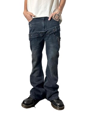 Start美式复古设计感铆钉双腰牛仔裤男小众潮牌亚比修身微喇裤子