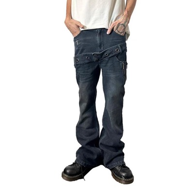 美式复古设计感铆钉双腰牛仔裤