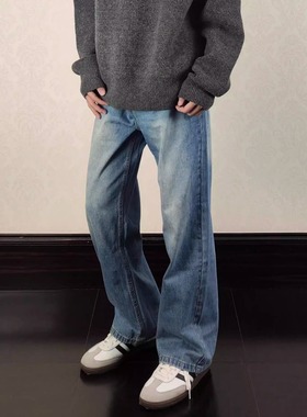 Start美式复古水洗做旧蓝色牛仔裤男高街百搭宽松直筒休闲长裤子