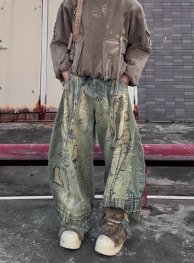 Start美式高街做旧重工乱针刺绣污渍牛仔裤男街头宽松阔腿弯刀裤