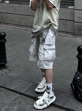 Start复古宽松直筒做旧水洗白色牛仔短裤男美式高街宽松五分裤潮