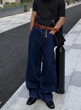 Start美式复古水洗深蓝色牛仔裤男cleanfit休闲百搭宽松直筒长裤