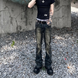 Start美式 男潮牌修身 显瘦微喇长裤 复古设计感图腾印花黄泥牛仔裤