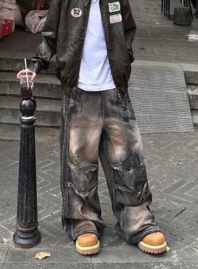 Start小众美式复古脏洗污渍牛仔裤男设计感潮牌褶皱宽松阔腿裤子