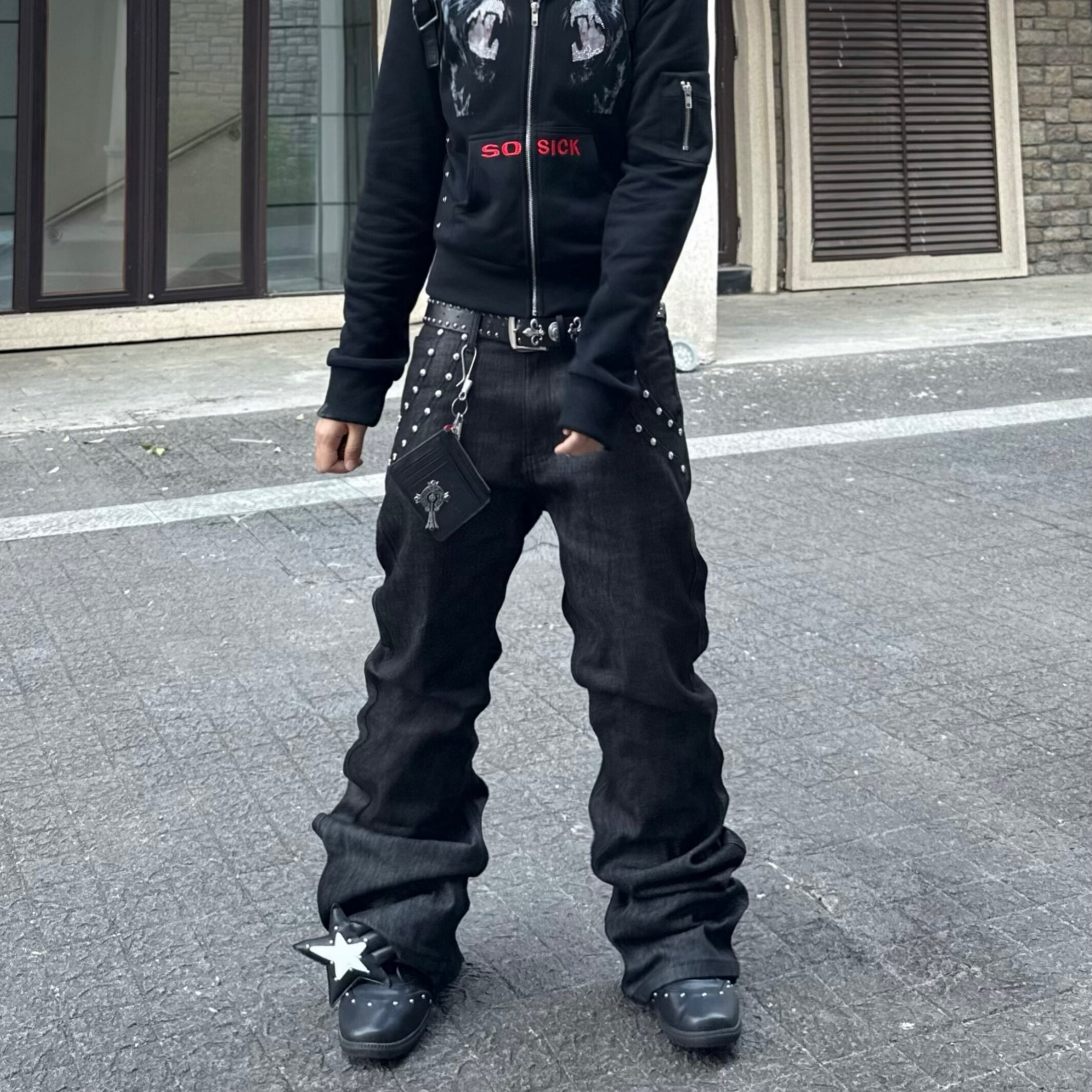 Start美式重磅复古铆钉原牛直筒微喇牛仔裤男女SKinny修身长裤子